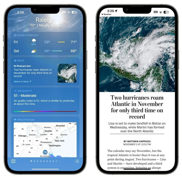 乐业苹果14维修分享iPhone 14手机如何看天气时顺带看新闻 
